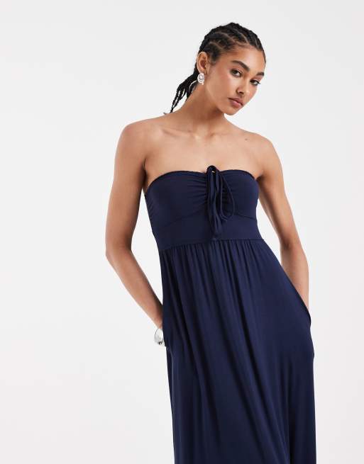 Hollister – Trägerloses Maxikleid aus Jersey in Marineblau