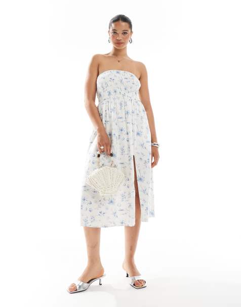Hollister – Trägerloses Midikleid in Blau geblümt mit tiefer Taille und Einsätzen - view 1