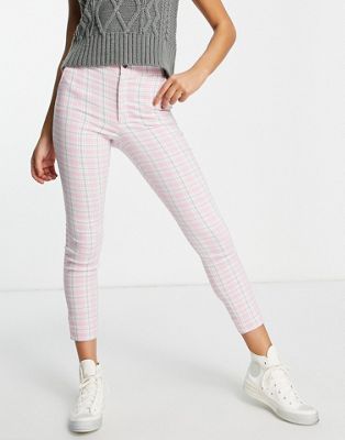 Hollister trousers in pink plaid - ASOS Price Checker