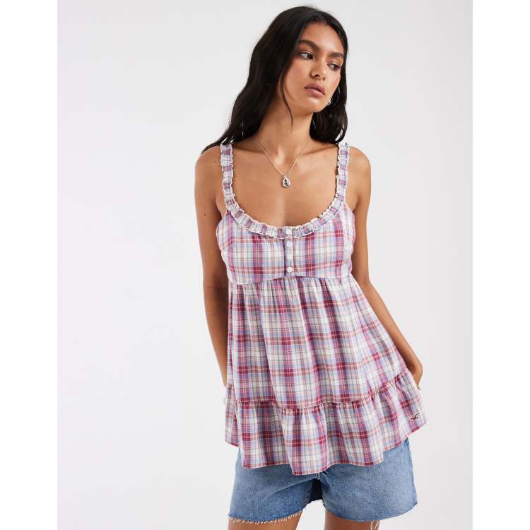 Hollister tunic babydoll top in pink plaid | ASOS