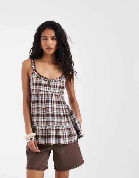 Hollister – Tunika-Oberteil im Babydoll-Stil in Braun und Blau kariert mit Bindedetail am Rücken - view 1