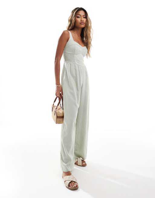 Hollister - Tuta jumpsuit in lino verde con dettagli elasticizzati sui lati