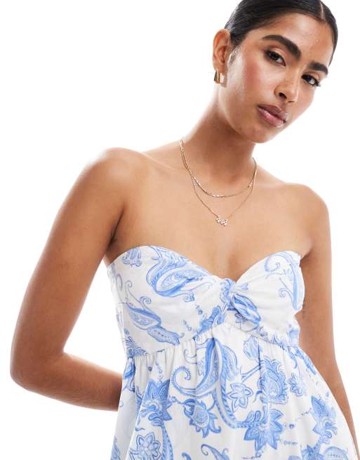 Hollister twist bust detail bandeau midi dress with thigh split in blue  paisley print | ASOS