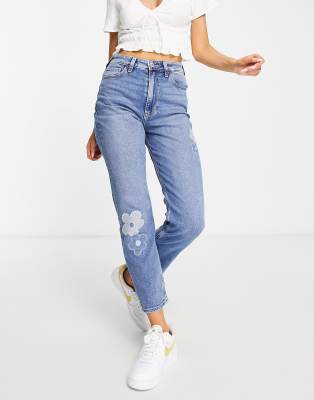 Ultra High-Rise Medium Wash Floral Embroidered Dad Jeans