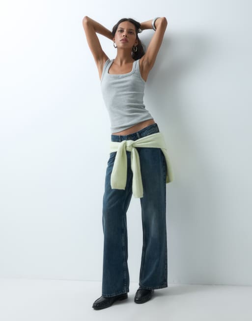 Hollister ultra low rise baggy jeans in dark blue, 1 of 5