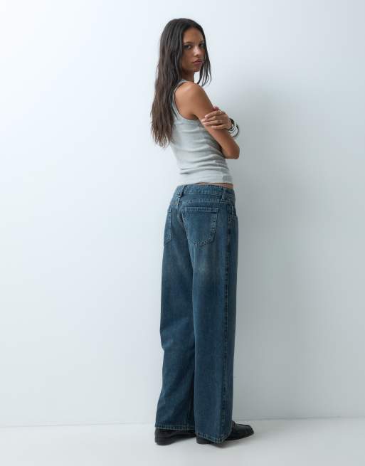 Hollister ultra low rise baggy jeans in dark blue, 2 of 5