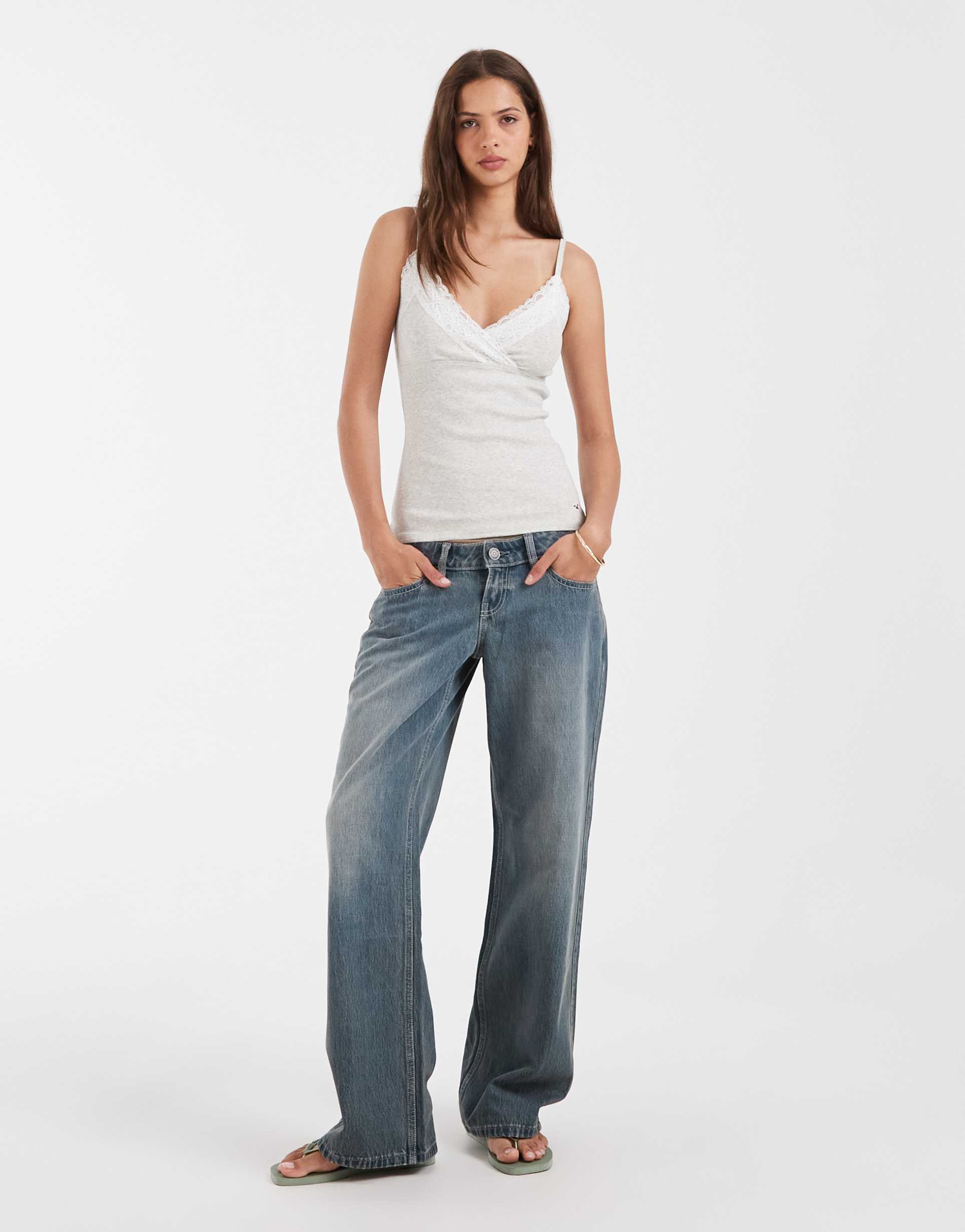 hollister ultra low rise baggy jeans in dusty blue wash
