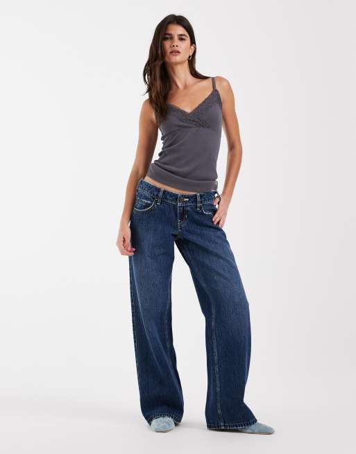 Hollister ultra low rise baggy jeans in mid blue