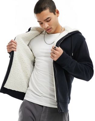 Hollister utility cozy borg lined full zip hoodie in black