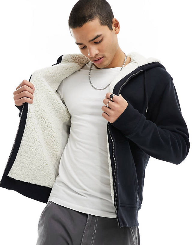 Hollister - utility cozy borg lined full zip hoodie in black