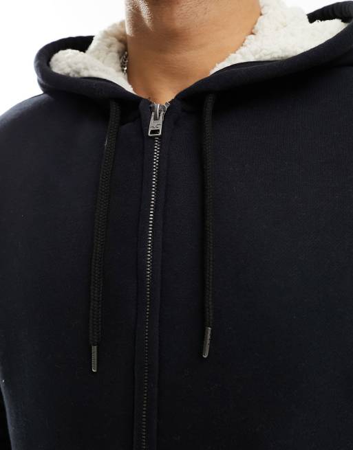 Hollister utility cozy borg lined full zip hoodie in black