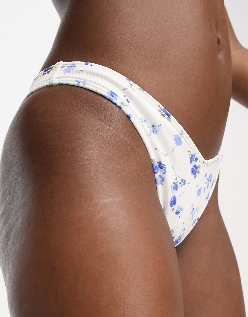 Hollister v-front high leg co-ord bikini bottom in white with blue floral print