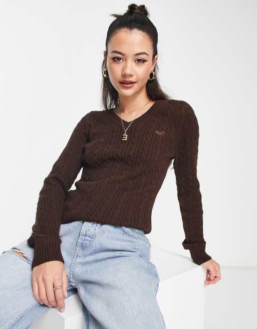 Hollister v neck cable knit jumper in brown