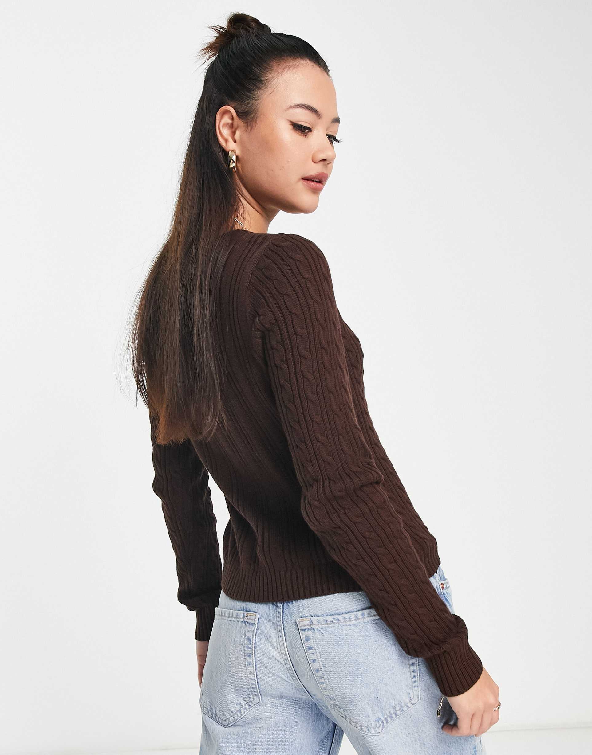 Hollister v neck cable knit jumper in brown view 3
