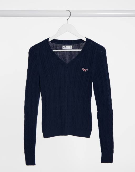 Hollister v neck cable knit jumper in navy