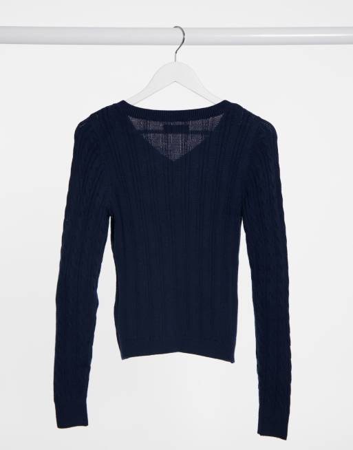 Hollister v neck cable knit jumper in navy