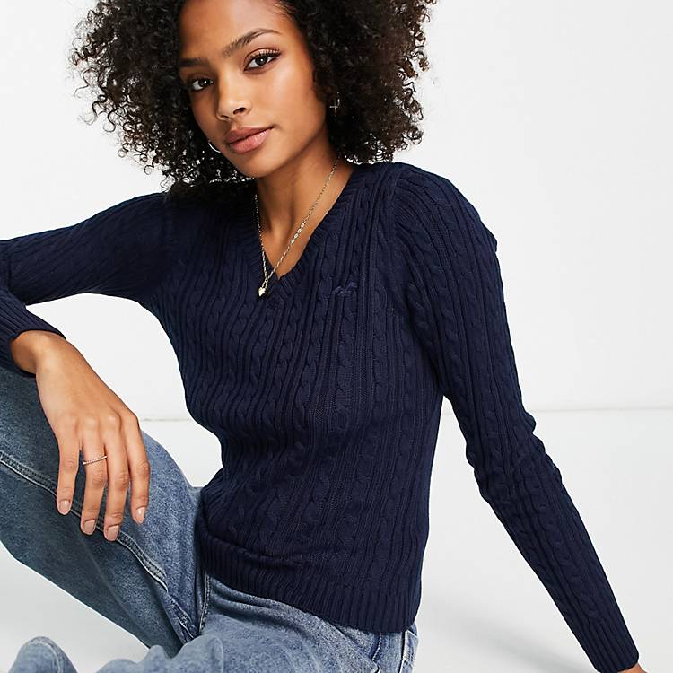 Hollister v-neck cable knit sweater in navy