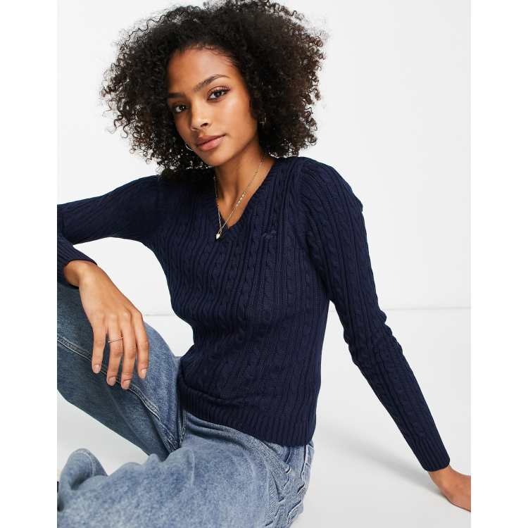 Hollister v-neck cable knit sweater in navy