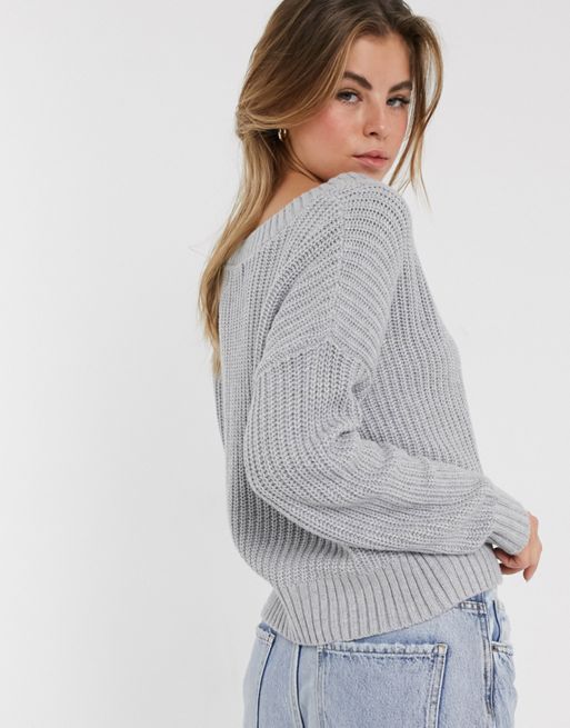 Hollister Sweater Womens Medium Gray Open Knit Long Sleeve V-neck Pullover