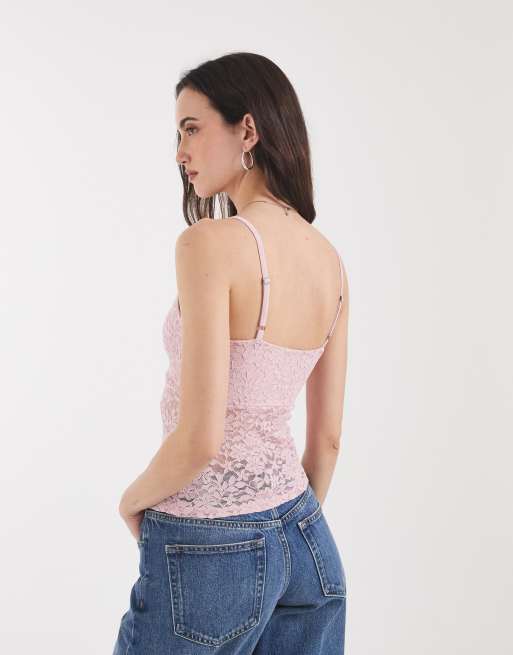 Hollister v neck lace cami top in baby pink, 4 of 4