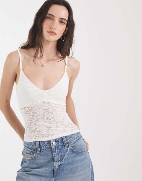 Hollister v-neck lace cami top in white - view 1