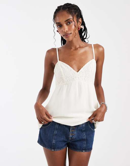 Hollister v neck lace godet babydoll cami top in white | ASOS