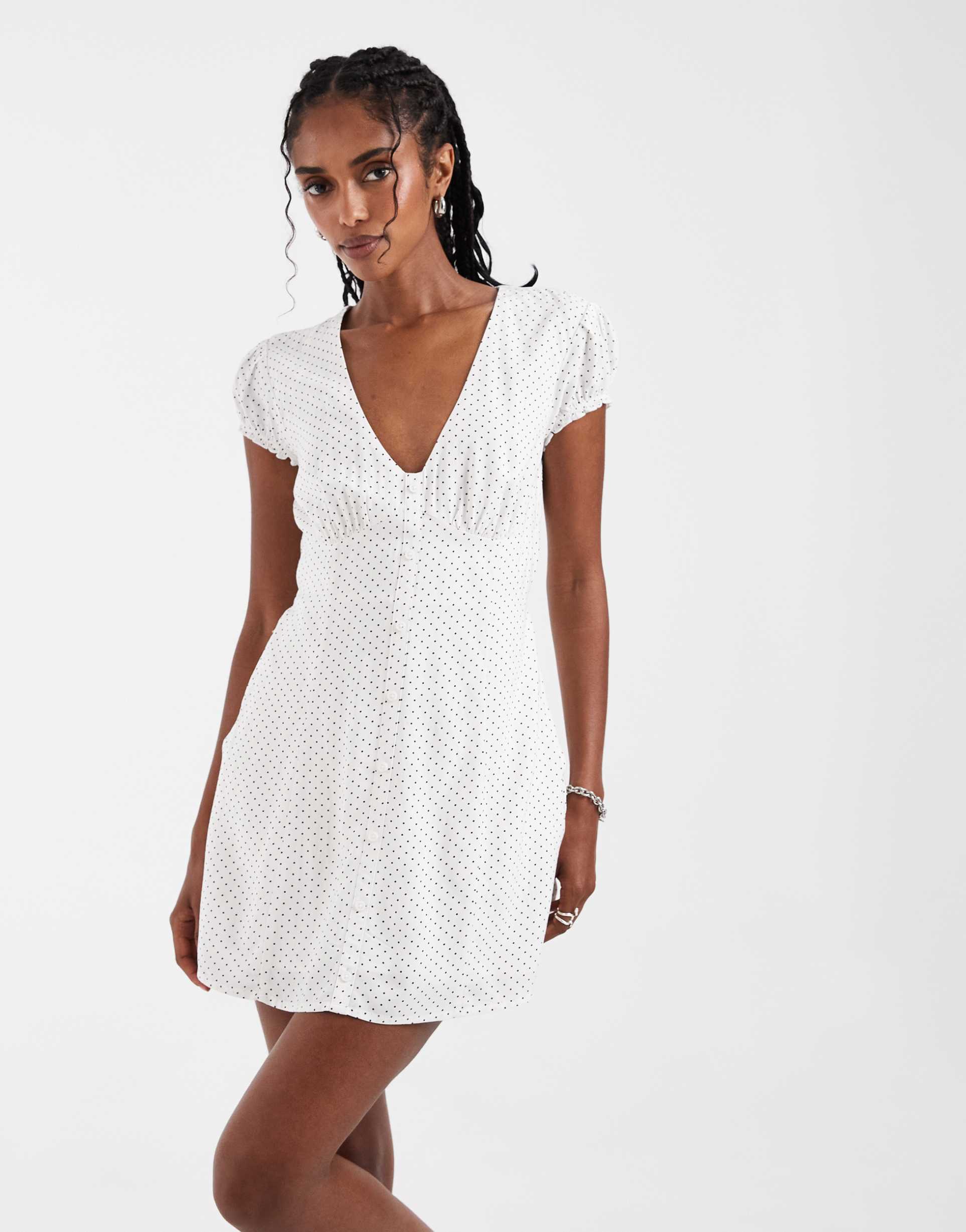 hollister v-neck mini dress in white polka dots