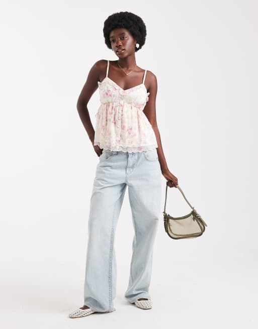 Hollister v neck spaghetti strap flowy femme top in pink floral | ASOS