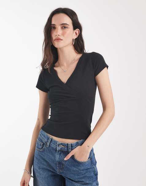 Hollister v neck wrap front top in black - view 1