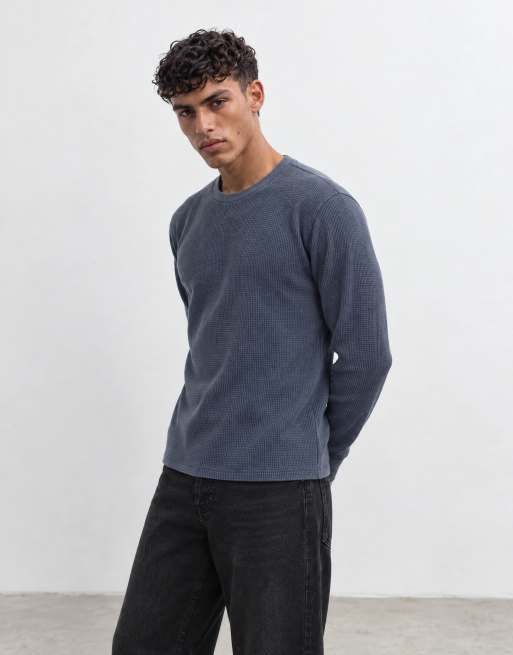 Hollister våffelstickad långärmad topp med rund halsringning i navy, 7 av 10