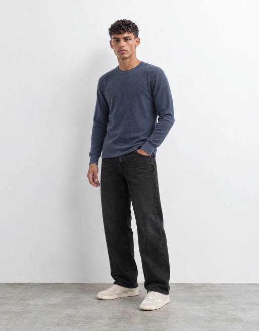 Hollister våffelstickad långärmad topp med rund halsringning i navy, 8 av 10