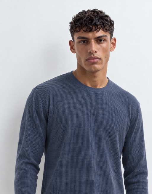 Hollister våffelstickad långärmad topp med rund halsringning i navy, 9 av 10