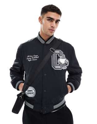 varsity bomber jacket in black