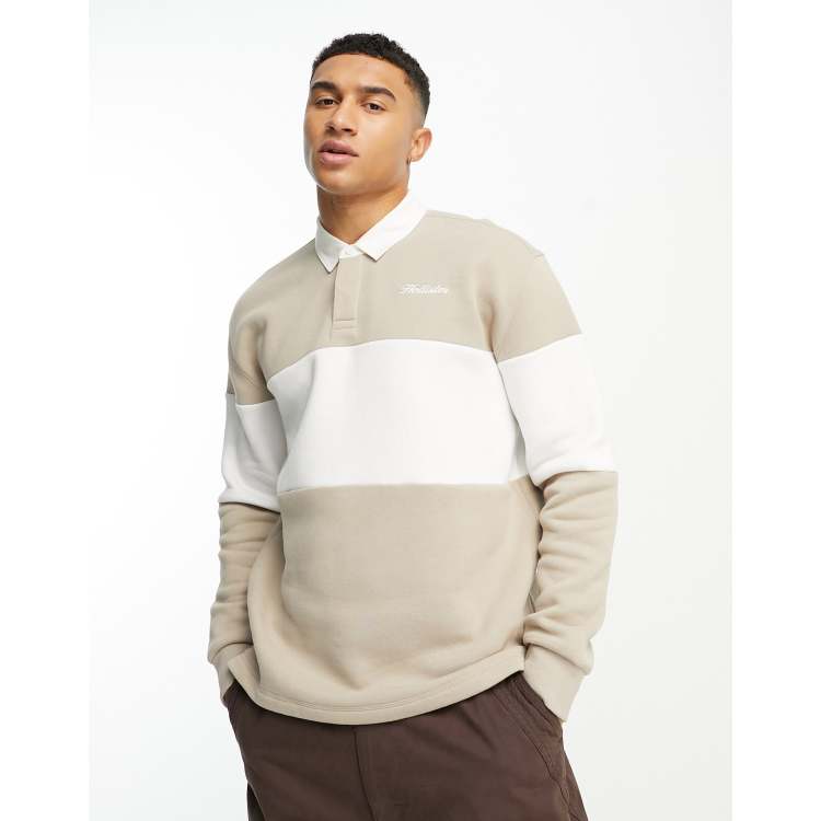Hollister varsity logo chest stripe relaxed fit rugby polo in tan