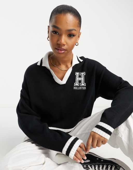 Hollister varsity logo knit sweater in black | ASOS