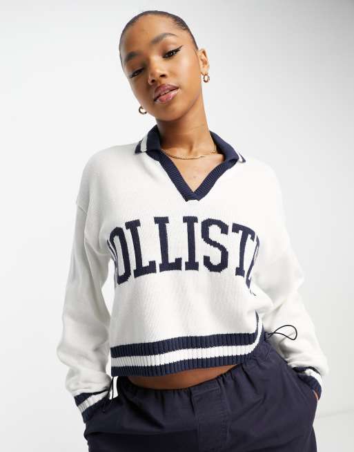 Hollister varsity logo knit sweater in white | ASOS