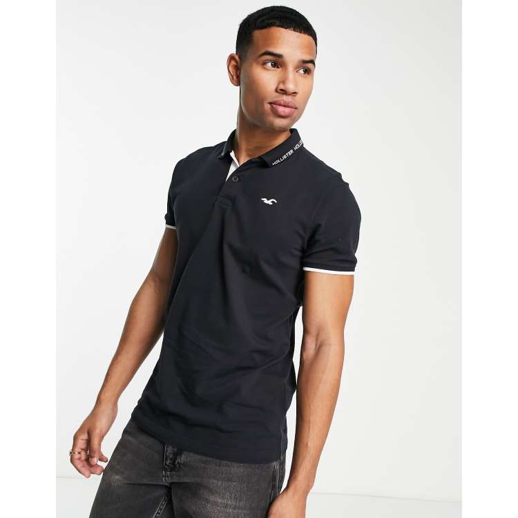 Hollister varsity logo tipping pique polo in black