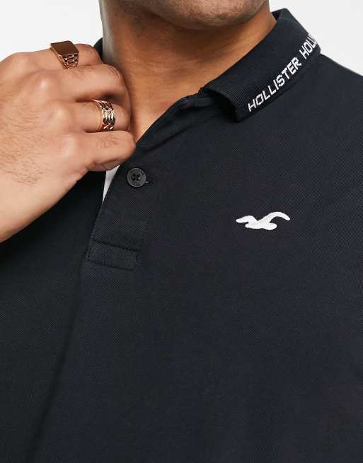 Hollister varsity logo tipping pique polo in black ASOS