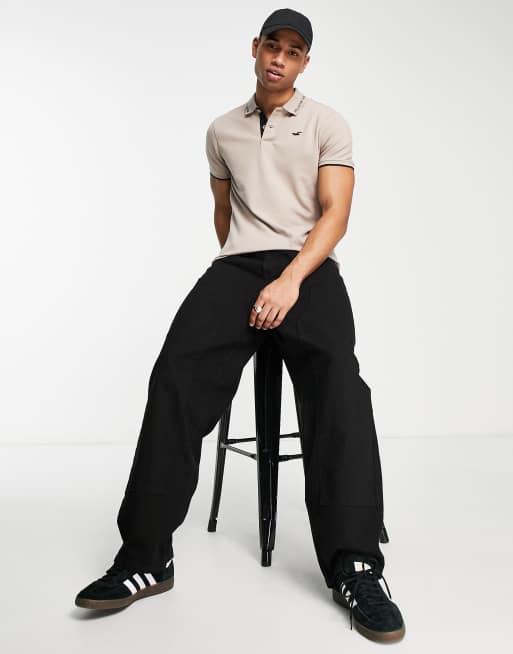 Hollister varsity logo tipping pique polo in tan ASOS
