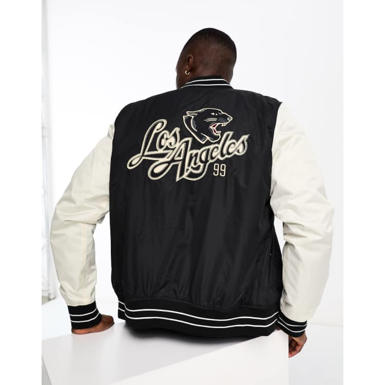 Hollister varsity prep back print bomber jacket in black cream