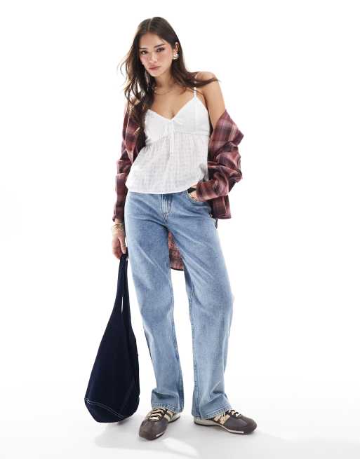 Hollister - Vasket blå dad-jeans med høj talje