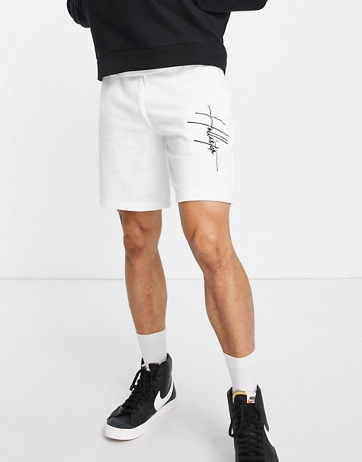 Hollister vertical script logo sweat shorts in white