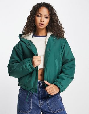Hollister cosy lined hooded coach jacket in green  - ASOS Price Checker