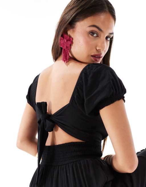 Hollister - Vestito midi nero con maniche a sbuffo e laccio sul retro, 3 di 4