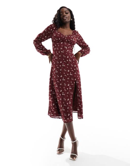Hollister - Vestito midi rosso scuro a fiori con scollo a cuore