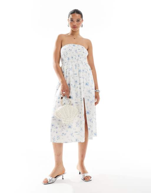 Hollister - Vestito midi senza spalline con stampa a fiori blu e vita scesa con pannelli