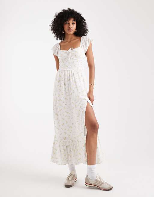 Hollister - Vestito midi stile milkmaid bianco a fiori con spalle scoperte