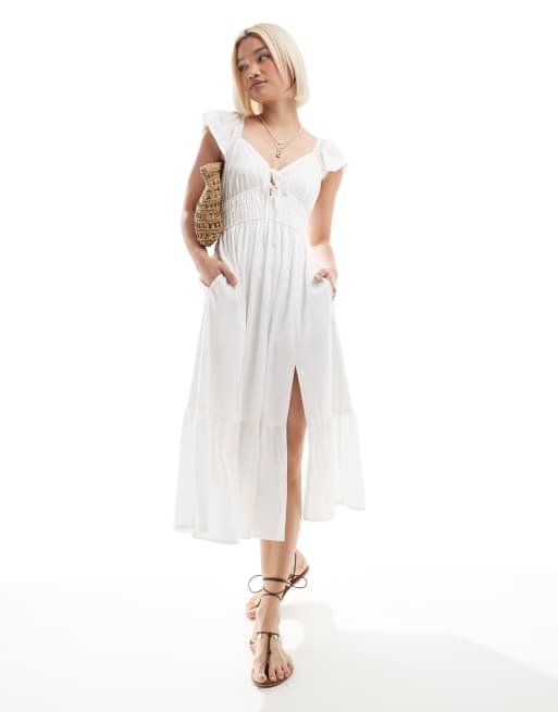 Hollister - Vestito milkmaid midi bianco con maniche corte e spacco