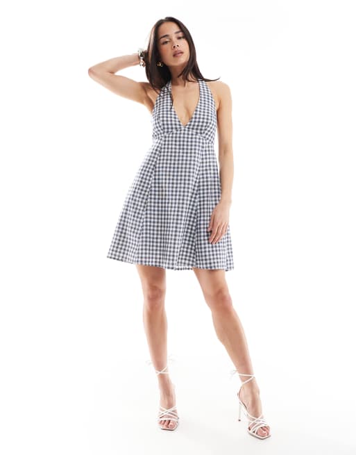 Hollister - Vestito svasato allacciato al collo blu a quadri