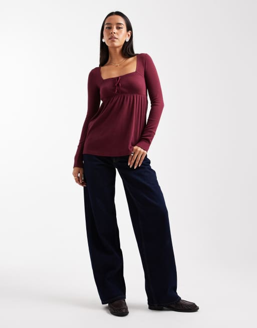 Hollister long sleeve square neck babydoll top in burgundy